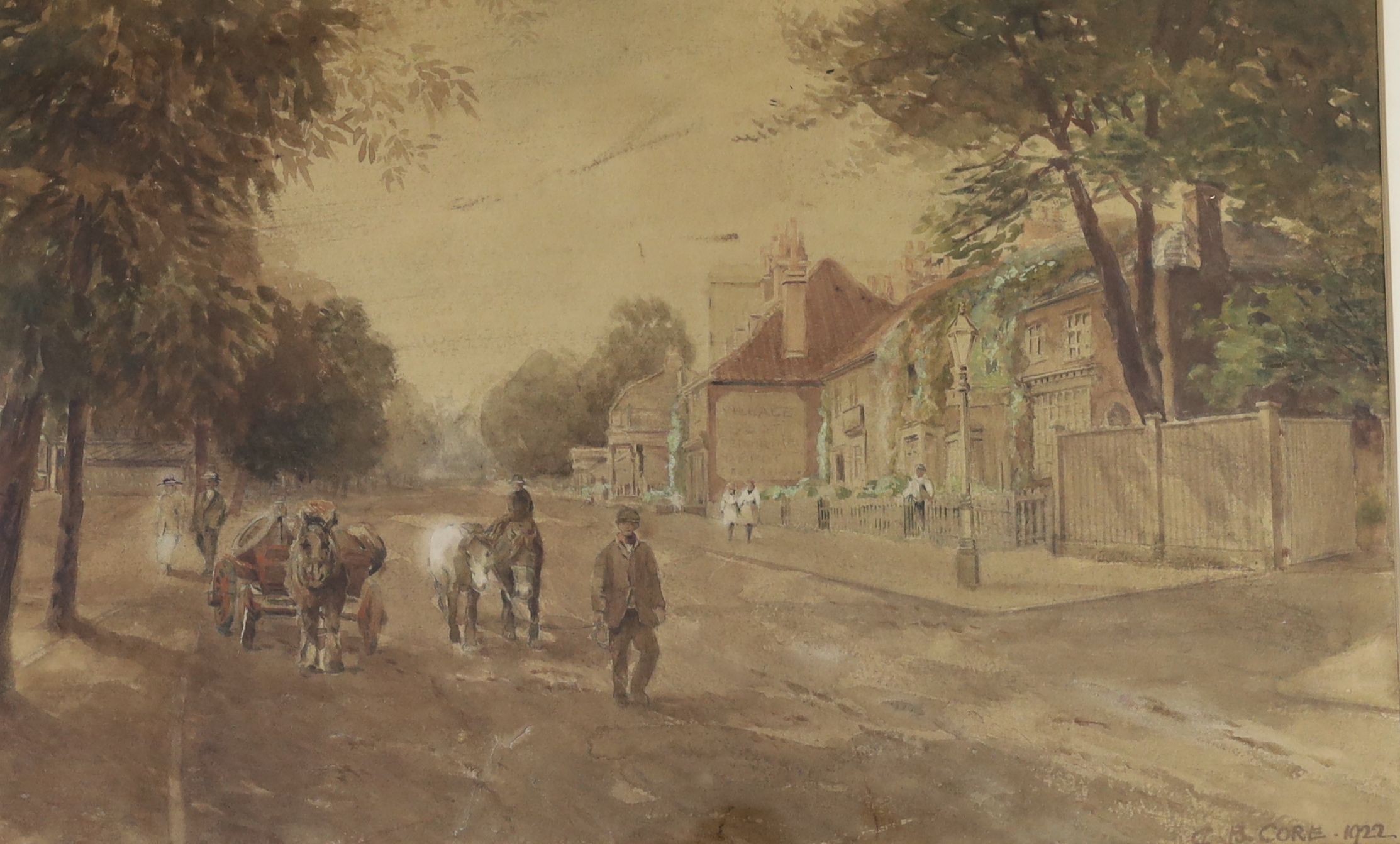 C.B. Core, watercolour, Village street scene 1922, signed, 32 x 49cm